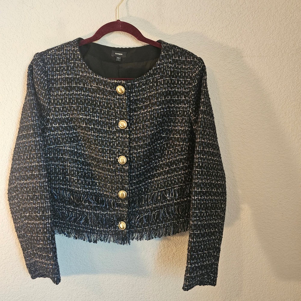 Express size lrg tweed knit blazer gold buttons black blue classy luxury preppy